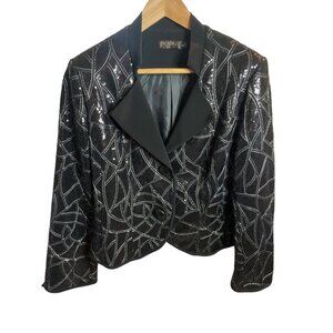 Picadilly Black Silver Sequined Long Sleeve Short Jacket with Lapels Sz S